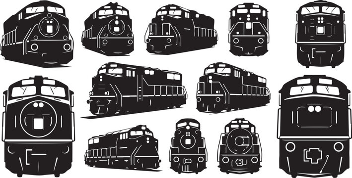 Collection of various train illustrations in black and white