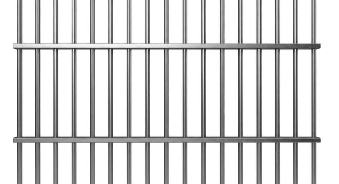 Realistic metal prison bars isolated on transparent background, silver steel jail cell gate texture overlay.