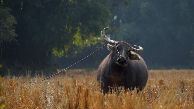 Horned Water Buffalo Sitting in Harvested Rice Field