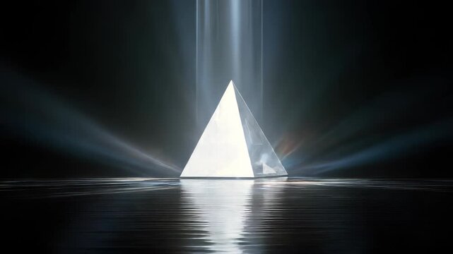 Holographic crystal pyramid gently rotates, sending vibrant beams of light reflecting across a tranquil surface. The interplay of light and shadow creates a mesmerizing visual experience
