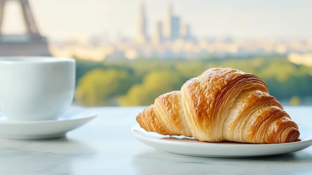 Flaky Croissant on White Plate Beside Coffee Cup with Blurred Cityscape and Eiffel Tower in Background Evoking Peaceful Morning and Parisian Breakfast Charm