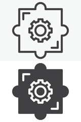Obraz premium Puzzle gear icon set with cog and jigsaw piece in line, outline and solid styles. Editable stroke vector icon sign, symbol for solution, integration and teamwork.