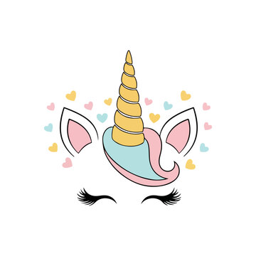 Cute unicorn face with pastel hearts and eyelashes, flat design vector illustration