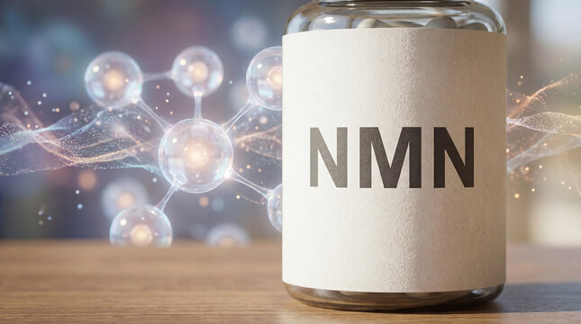 NMN supplement jar with molecular structure background, representing the latest trends in longevity and anti-aging research. Highlighting biohacking wellness innovation. Image made using Generative AI