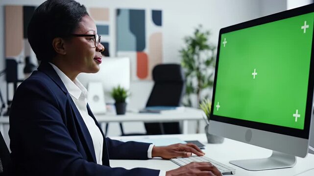Focused businesswoman engages with a green screen desktop computer, showcasing digital productivity and interactive office technology in a