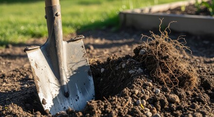 Shovel digging into the soil with roots exposed in a garden bed surrounded by dirt and grass