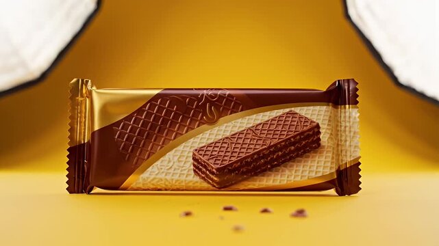 Chocolate Wafer Bar Pack With Golden Brown Wrapper And Crisp Texture In Studio Lighting