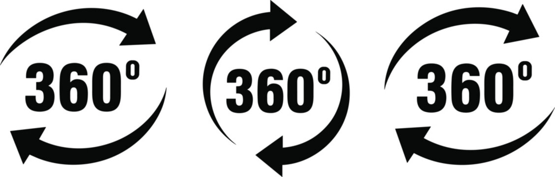 Set of 360 Degree Rotation Arrow Icons with Panoramic View Symbols and Circular Movement Indicators for Virtual Reality VR Product Tours and Interactive Interface Design