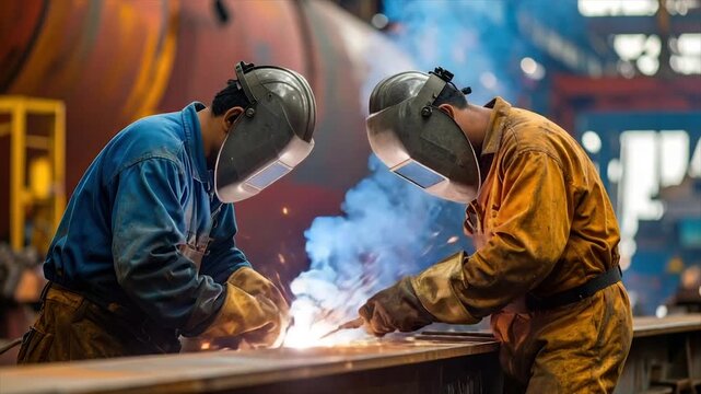 Two workers in protective gear weld metal, sparks fly. Industrial setting. Blue and yellow suits