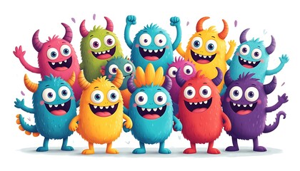 Fototapeta premium colorful fluffy creatures with horns and big eyes