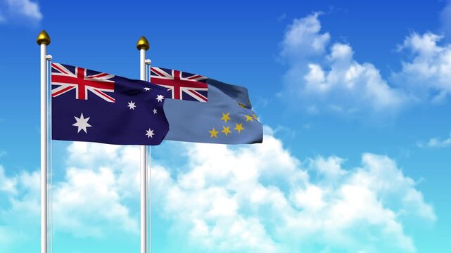 Waving flags of AUSTRALIA and TUVALU on pole included with alpha