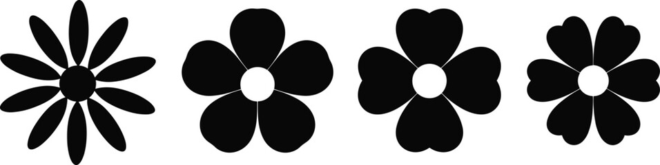 Set of black flower silhouette icons with various petal shapes representing botanical design nature elements spring season floral patterns garden decoration and creative minimalist graphics © its