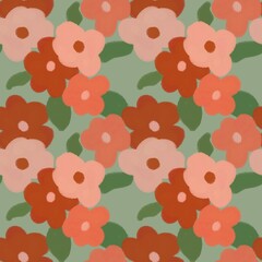 Seamless floral pattern with hand-drawn abstract flowers in warm peach and terracotta tones on a soft green background. Modern retro style illustration, perfect for textiles, wallpaper, wrapping paper