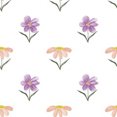 Seamless hand-drawn flowe pattern with soft peach petals and yellow centers on a light background. Crayon-style floral illustration, perfect for textiles, wallpaper, wrapping paper, and surface design