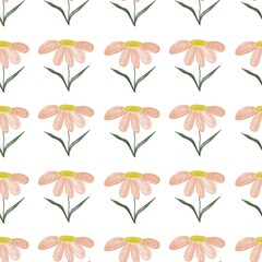 Seamless hand-drawn daisy pattern with soft peach petals and yellow centers on a light background. Crayon-style floral illustration, perfect for textiles, wallpaper, wrapping paper, and surface design