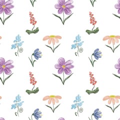 Seamless hand-drawn floral pattern with colorful wildflowers in pastel tones on a white background. Crayon-style botanical illustration, perfect for fabric, wallpaper, wrapping paper.