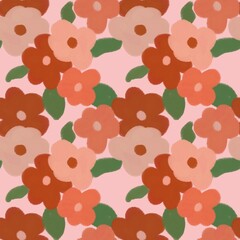 Seamless floral pattern with hand-drawn abstract flowers in warm peach and terracotta tones on a soft pink background. Modern retro style illustration, perfect for textiles, wallpaper, wrapping paper