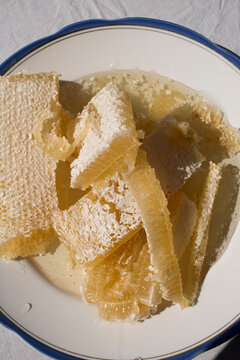 Fresh Organic Honeycomb Chunks with Natural Honey on White Plate
