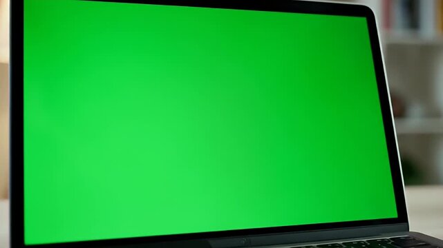 Modern laptop displaying a vibrant green chroma key screen on a clean wooden desk, ready for digital content integration and customizable display
