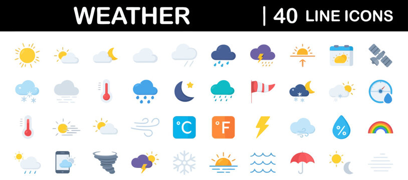 Collection of weather icons representing various meteorological conditions and forecasts