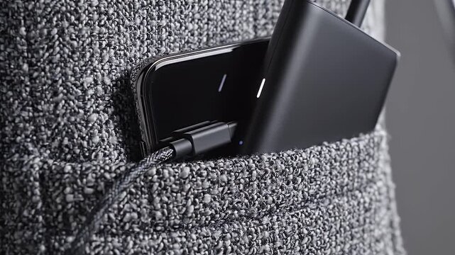 Close Up Of Black Portable Power Bank And Smartphone Charging In A Grey Knitted Sweater Pocket With Soft Lighting