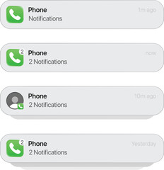 Modern smartphone push notification pop up interface. Incoming call alerts and missed communication messages mockup on mobile screen. User experience design template, UI app development. digital kit