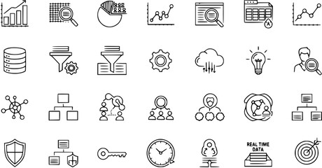 Business Intelligence Icons Set. Data Analytics, Big Data, Strategy, Technology, Cloud Computing, and Security Outline Symbols.