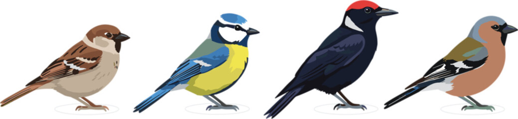 Obraz premium Blue Bird Character Set Perched on Branch Cartoon Vector Illustration Collection in Different Poses and Expressions