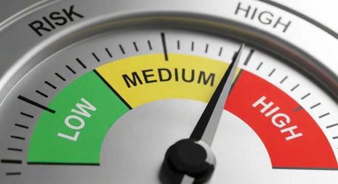 Risk assessment meter needle pointing to medium risk level on a gauge with low, medium, and high zones indicated