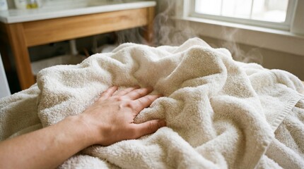 A hand pressing into a pile of freshly tumbled, warm white towels