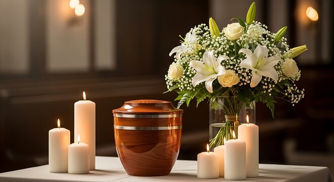 Funeral urn with white flowers and lit candles on table