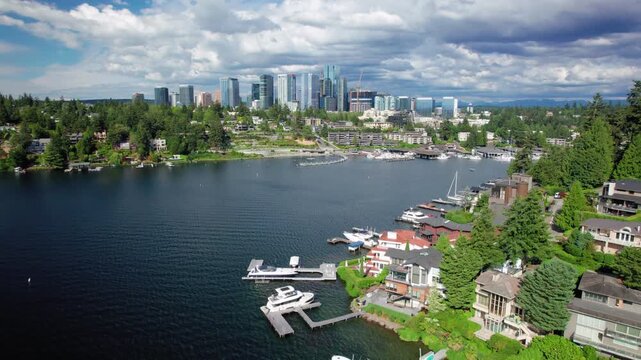 Drone Floating Over Meydenbauer Bay in Bellevue Washington
