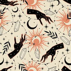 Seamless vector pattern with woman hands, moons and stars. Boho pattern for astrology, esoteric, tarot, mystic and magic. 