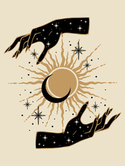 Boho crescent and sun and woman hand. Alchemy esoteric magic space. Elegant illustration.