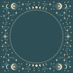 Magic vector frame with constellations, moon, stars. Mystic frame for tarot, esoteric, astrology design. Template for poster and prints. © Любовь Овсянникова