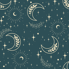 Magic seamless vector pattern with herbs, moons and stars. Boho pattern for astrology, esoteric, tarot, mystic and magic. 