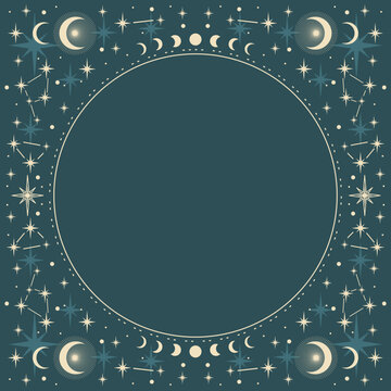 Magic vector frame with constellations, moon, stars. Mystic frame for tarot, esoteric, astrology design. Template for poster and prints.