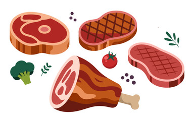 Assortment of Raw and Grilled Meats Broccoli Tomato and Peppercorns Flat beef steak