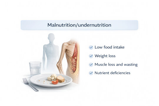 Photorealistic 3D medical infographic Nutrition disorders and nutrition related conditions: Malnutrition/undernutrition, Sarcopenia and frailty, Micronutrients abnormalities, Overweight and obesity