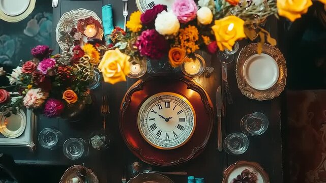 Elegant Dinner Table Setting with Clock and Flowers.