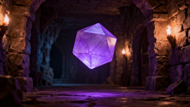 Floating d20 dice in fantasy dungeon; DnD, RPG game