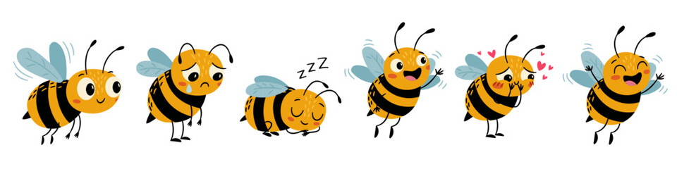 Fototapeta premium A cute collection of bees with different emotions and in different poses. A set of flat vector illustrations. . Vector illustration
