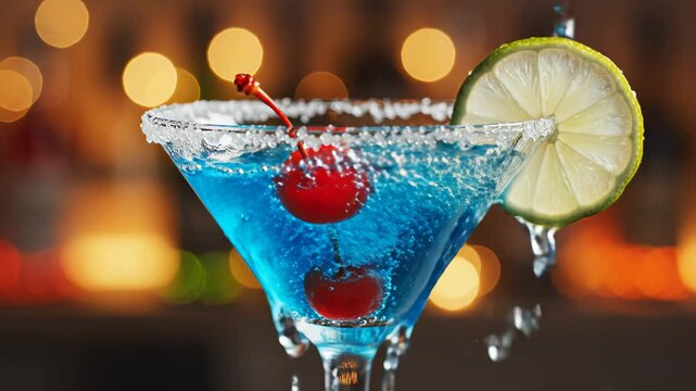 Blue cocktail with cherry and lime