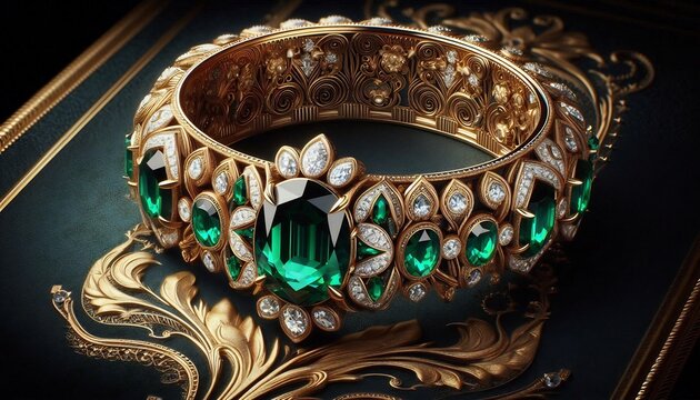 Exquisite Emerald and Diamond Gold Bangle Bracelet Luxury Jewelry.