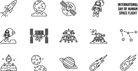 Space Flight Icons: Rocket, Astronaut, Earth, ISS, Moon Lander, Satellites  Celestial Bodies © Nur.kh