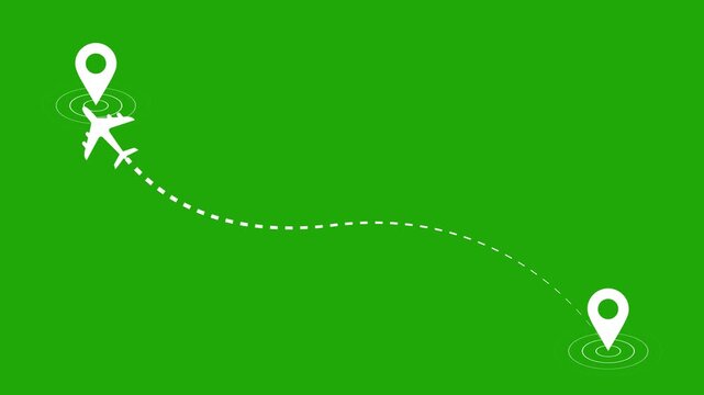Airplane route dotted line animation on green background. journey or travel destination path motion. Flying plane icon 4k video.
