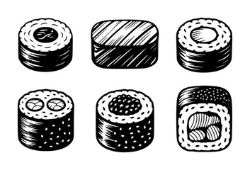 Hand Drawn Black and White Sushi Rolls White Background food japanese © Lisa_Stock