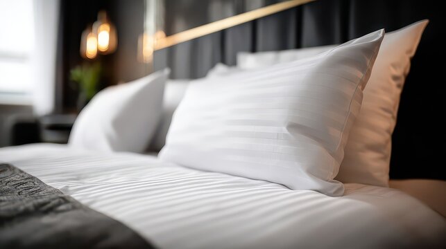 Close Up of White Pillows and Bedding with Dark Headboard and Gold Fixtures in Soft Lighting Modern Bedroom Interior Design Focus on Comfort and Elegance