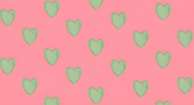 vector seamless pattern with green hearts. Vintage pattern, pink background