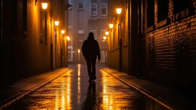 Lone figure walks down a wet alleyway at night illuminated by streetlights.